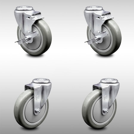 Service Caster 5 Inch SS Gray Polyurethane Wheel Swivel Bolt Hole Caster Set with 2 Brake SCC SCC-SSBH20S514-PPUB-TLB-2-S-2